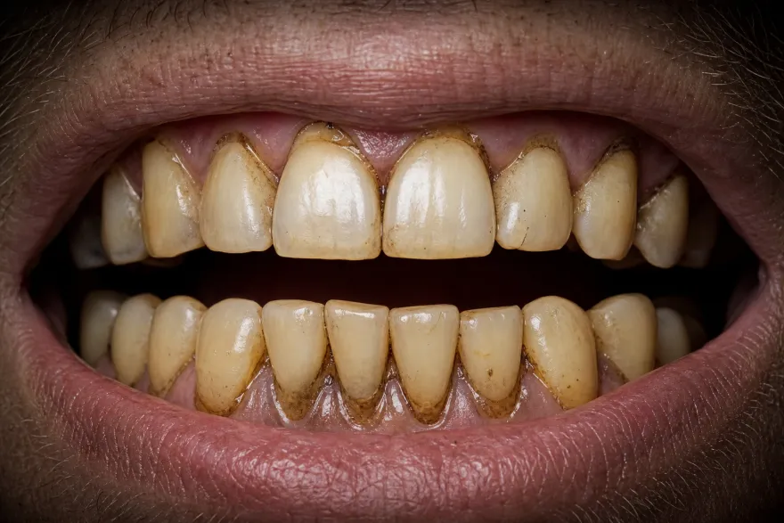 Primer plano de dientes amarillos con manchas de café fijadas en el esmalte